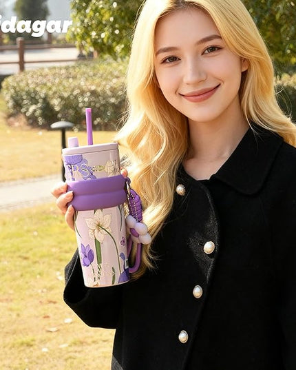 24 oz Stainless Steel Tumbler with Lid and Straw, Insulated Coffee Mug, Leak Proof, Portable Iced Travel Water Bottle, Reusable Thermal Coffee Cup, Floral Purple