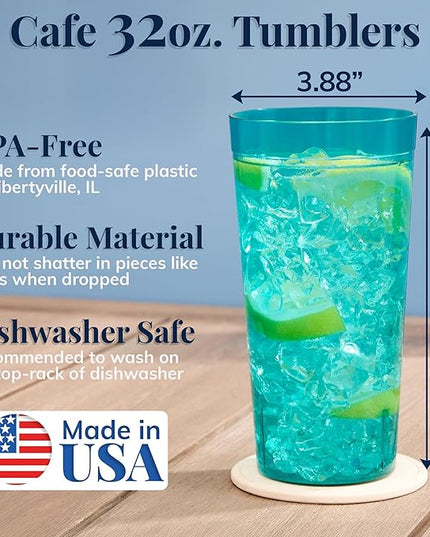 US Acrylic Café Plastic Reusable Tumblers (Set of 12) 32-ounce Iced-Tea Cups, Assorted | Value Set of Restaurant Style Drinking Glasses, Stackable, BPA-free, Made in the USA | Top-rack Dishwasher Safe