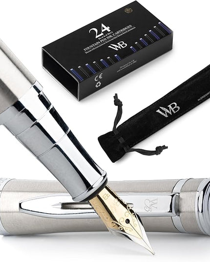 Wordsworth & Black Fountain Pen Set, Extra Fine Nib, Includes 24 Pack Ink Cartridges, Ink Refill Converter & Gift Pouch, Chrome Finish, Calligraphy, [Silver Chrome], Perfect for Men & Women
