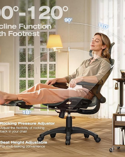 ELABEST X100 Ergonomic Mesh Office Chair with Footrest, Big and Tall Hone Desk Chair with 5D Flip-Up Arms, Adjustable 3D Lumbar Support,Gaming & Executive Computer Chairs for Long Hours
