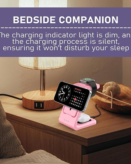 3 in 1 Wireless Charging Station: 5000mAh Removable Power Bank Charger Stand for Phone/Watch/Air Pods - Portable Magnetic Battery Pack for Air 17 16 15 14 13 12 Series Pink