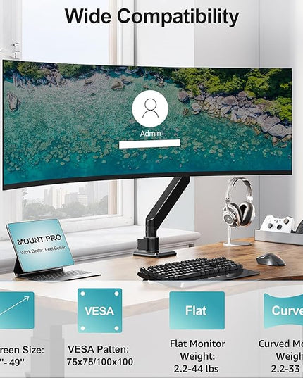 MOUNT PRO Heavy Duty Monitor Arm for 49 inch Ultrawide Screen up to 44 lbs, Single Desk Computer Mount Curved Monitor Stand for Samsung Odyssey G9, Adjustable Gas Spring VESA Mount 75x75 100x100