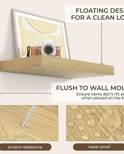 RICHFOCUS 16Inch Floating Shelves for Wall 2 Pack Shelves for Bedroom|Kitchen|Bathroom Wall Mounted Rustic Wood Floating Shelf with Invisible Brackets for Books|Storage|Decor, Oak
