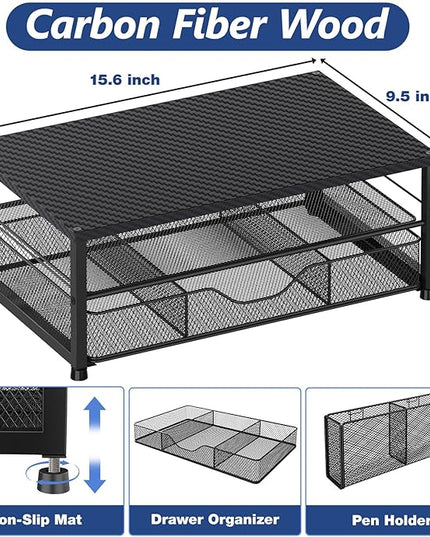 OPNICE Desk Organizer and Accessories, 2-Tier Computer Monitor Stand with Drawer and 2 Pen Holders, Laptop Stand, Office Desk Accessories for Office Supplies, Carbon Fiber