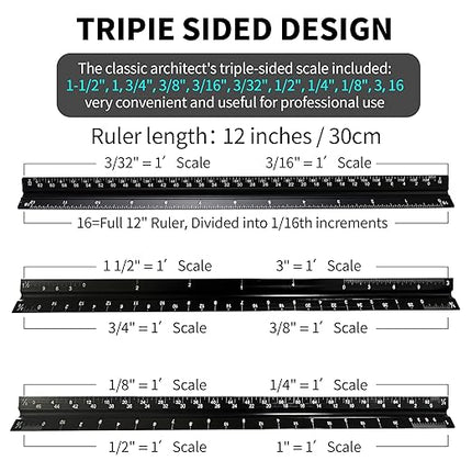 Rena Chris 2PCS Architectural Scale Ruler: 12" Imperial Aluminum Triangular Scale Ruler, Laser-Etched Architecture Ruler, Drafting & Architect Ruler for Architects, Students, Draftsman(Black)