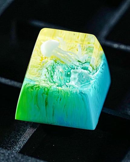 Jellyfish Artisan Keycap Pastel Yellow Teal Ocean R1 SA Profile Custom Sea Creature Keycaps 1U ESC Handmade Gaming Resin Key Cap Cherry MX Switch Compatible Mechanical Keyboard Jellyfish Lover Gift
