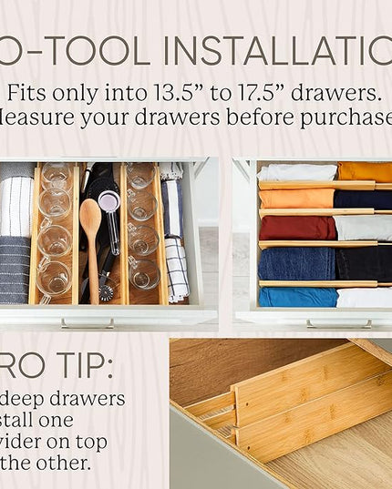 Night Tree Expandable Bamboo Drawer Dividers – Spring-Loaded Wooden Organizers for Clothes, Kitchen Utensils, Bathroom, and Dresser Drawers (13.5" to 17.5")