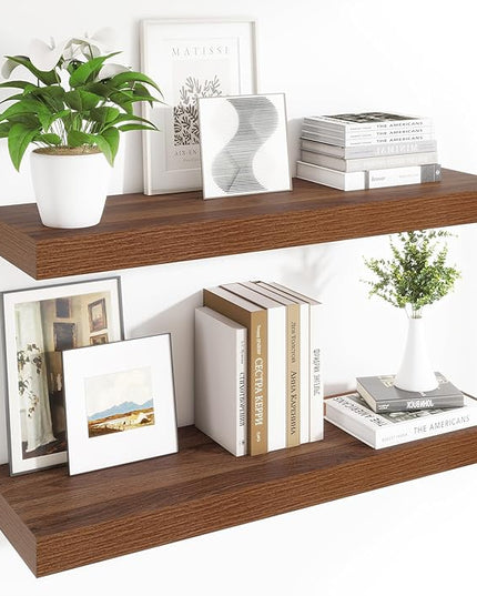 Heimlove 12 Inch Deep Floating Shelves, 48 x 12 inches Long Wall Shelf, Large Display Shelf & Storage Shelf, Rustic Wood Wall Shelves for Fireplace Mantel, Set of 2(Walnut)