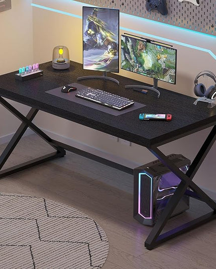 IBF Black Desk, Modern Computer Desk for Home Office, Industrial Simple Pc Gaming Writing Study Desk in Bedroom, Wood Metal Laptop Workstation Executive Work Computer Table, Black Oak, 55 Inch