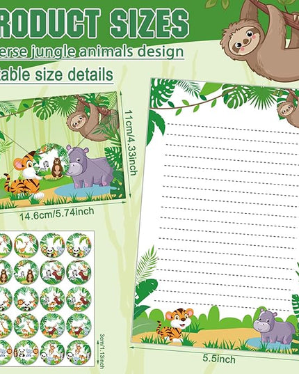 TaoBary 160 Pcs Stationery Paper Set 50 Double Sided Stationery Papers with 50 Matching Envelopes and 60 Round Dot Sticker, 10 Design(Safari Animal,5.5 x 8.25 Inch)