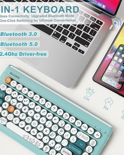 Wireless Bluetooth Keyboard for iPads Tablet Mac PC Laptop Desktop Smart Phone,Cute Typewriter Style Computer Keyboards with Round Raised Keycaps,Mini iPad Keyboard for Kids Girl Women-Blue Colorful