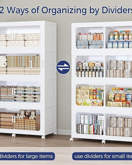 200Gal Stackable Storage Bins with Lid, 800Qt Extra Large Collapsible Storage Box with Wheels, Dividers, Folding Plastic Cabinet Closet Organizers for Home Kitchen Office Dorm, 4Pack White