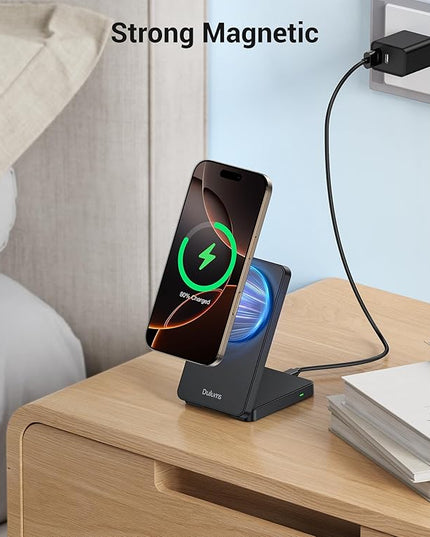 Folding Wireless Charging Stand, Magnetic 15W Fast Charging Station Mag-Safe Travel Lightweight Charger Compatible for iPhone 17/16/16 Pro/16 Pro Max/16 Plus/15/14/13/12 Series, AirPods 4/3