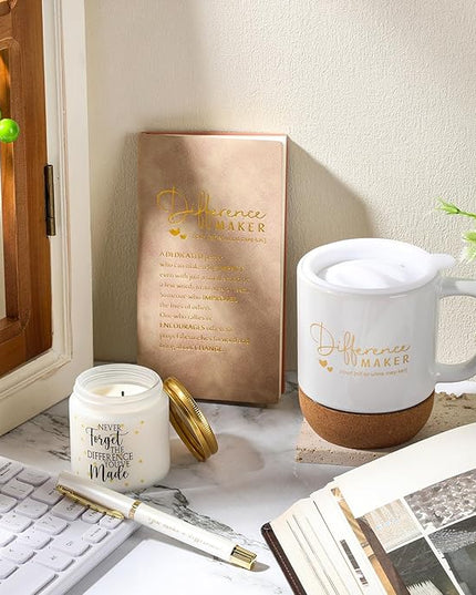 4 Pcs Difference Maker Gift for Women Men Teacher Employee Appreciation Gift for Coworker Staff Coach Difference Maker Mug Notebook Scented Candle Motivational Ballpoint Pen for Valentines(White)