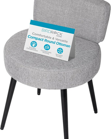 BIRDROCK HOME Linen Chair w/Back - Small Padded Footrest - Compact Round Ottoman Foot Stool - Living Room, Office, Dorm Chair - Upholstered Soft Seating - Black Metal Legs - Couch, Desk, Sofa - Grey