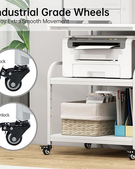 White Printer Stand, 23.6 x18.9 x 30 Inches Big Size Printer Table with Adjustable Shelf, 3 Tier Rolling Printer Cart with Wheels for Home Office Storage and Organization