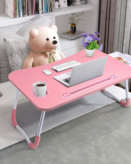 Slendor Lap Desk with Tablet Slot, Foldable Laptop Table with Storage Drawer for Bed，Portable Bed Desk for Laptop, Computer Tray with Cup Holder Notebook Stand Reading Holder for Couch Floor, Pink