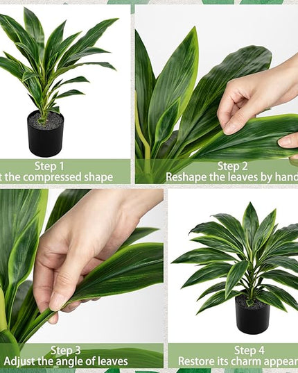 Oairse Artificial Plants Indoor with Pot, 18.1" Fake Potted Plants Medium Artificial Dracaena Plant in Black Pot Faux Tropical Plants for Bathroom Living Room Office Desk Shelf Decor