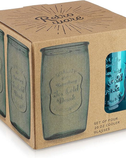 Glaver's Highball Glasses Set of 4 – 20oz Artistic Ice-Cold Pretty Blue – Vintage Glassware with Embossed Logo – Beverage Drinking Glasses for Water, Juice, Cocktails. Hand Wash.