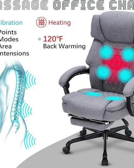 Massage Office Chair with Heat,Reclining Office Chair with Foot Rest,6 Points Vibration Home Desk Chairs for Heavy People 400lbs,Ergonomic Managerial Executive Chair (Grey)