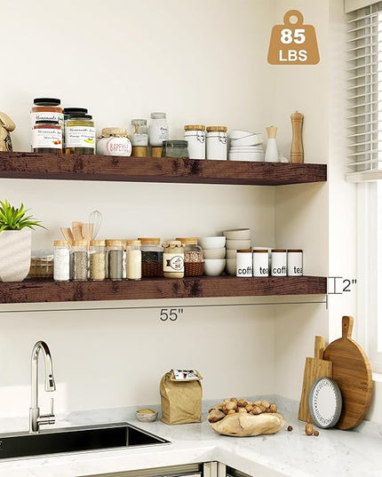 Heimlove 12" Deep Floating Shelves for Wall Shelf Over Toilet Wall Mounted Farmhouse Long 55 inches Set of 1, Farmhouse Shelves with Invisible Brackets for Living Room, Kitchen, Bedroom,Rustic Brown