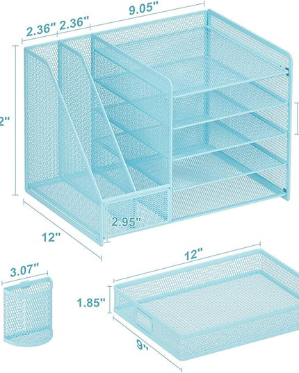Marbrasse Desk Organizer with File Holder, 5-Tier Paper Letter Tray Organizer with Drawer and 2 Pen Holder, Mesh Desktop Organizer and Storage with Magazine Holder for Office Supplies(Blue)