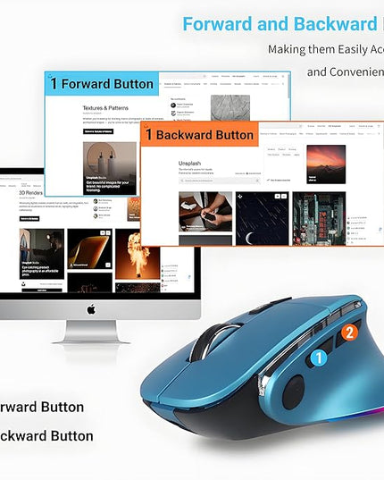 Ergonomic Mouse Jiggler,Bluetooth Vertical Wireless Mouse,LED Rechargeable Optical Computer Mice, Portable(BT5.2 or USB 2.4GHz) Dual Mode,1000/1600/2400 DPI,8 Buttons for Laptop,PC,Macbook (Blue)