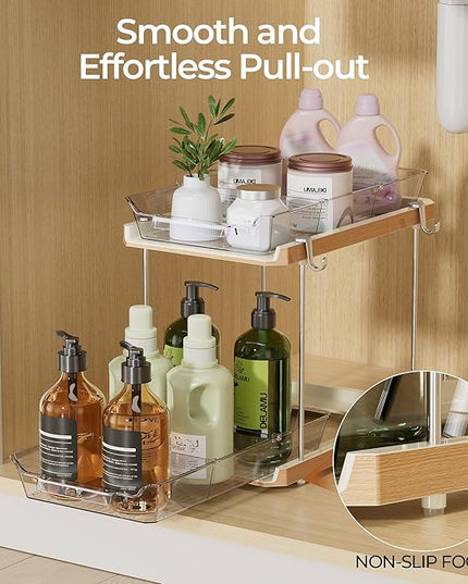 Delamu 2 Tier Bathroom Under Sink Organizers and Storage with Hook, Multi-Purpose Cabinet Drawers with Movable Dividers, Pull Out Organization for Countertop, Kitchen and Pantry(Wood Grain, 2 Pack)