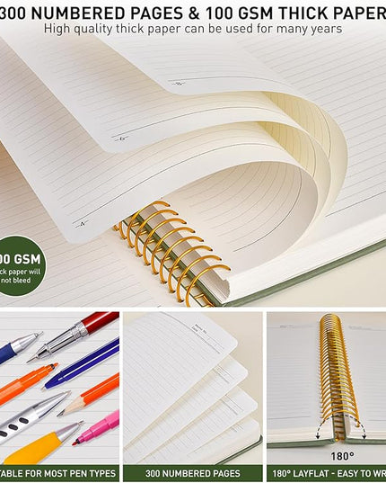 B5 Spiral Notebook Journal 7.6” x 10”, 300 Numbered Pages Hardcover Leather Journals for Women Men, Large Lined College Ruled Notebooks, 100GSM Thick Paper, Spiral Bound Journal for Work School, Pink