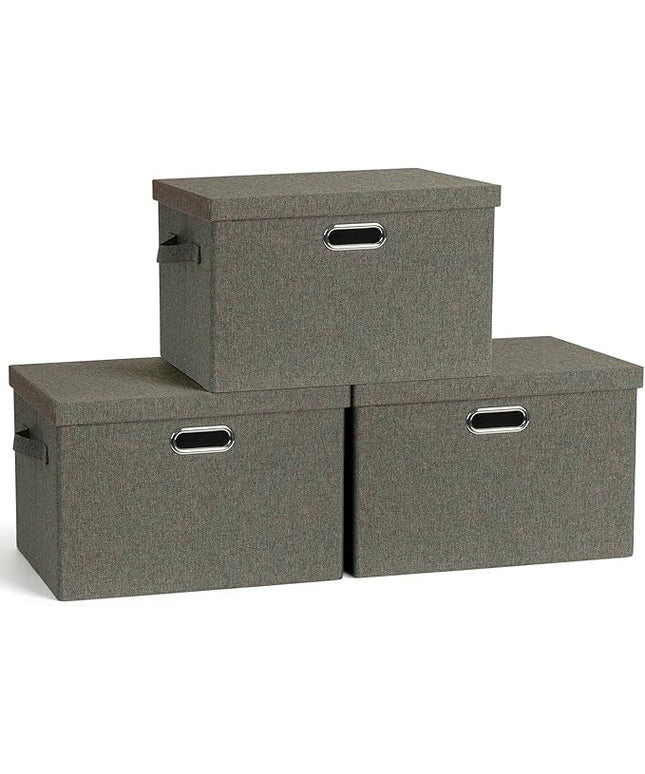 Large 17" 36 Quart Collapsible Stackable Storage Bins with Lids, 3 Packs Dark green Foldable Fabric Closet Storage Boxes with Lids, Heavy-duty Linen Cube Baskets(17x12x11)