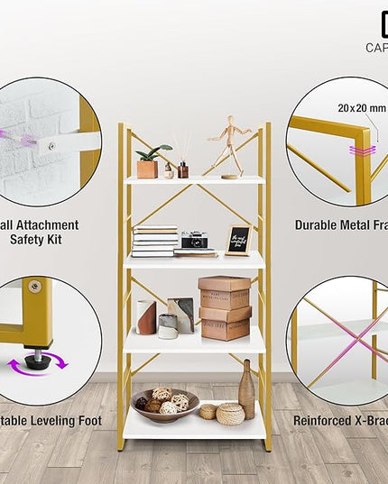CAPHAUS 4 Tier Bookshelf, Bookcase Shelf Storage Organizer, Living Room, Kitchen, 24 Inch Width Free Standing Shelf, Industrial Book Shelves for Home Office, White Wooden Shelves & Gold Frame