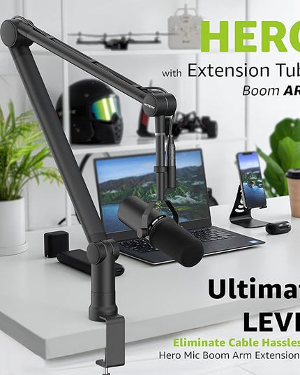 IXTECH Boom Arm Mic Stand with Extension Tube Upgraded Microphone Arm for Shure SM7B MV7 Blue Yeti Sturdy Stainless Steel Mic Arm Desk Stand Foldable Scissor Arm Microphone Mount for Podcast Gaming