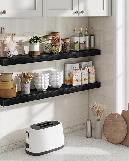 Fun Memories 40 Inch Floating Shelves, Long Wood Wall Shelf Set of 2 with Invisible Brackets, for Bathroom, Living Room, Bedroom, Kitchen, Black