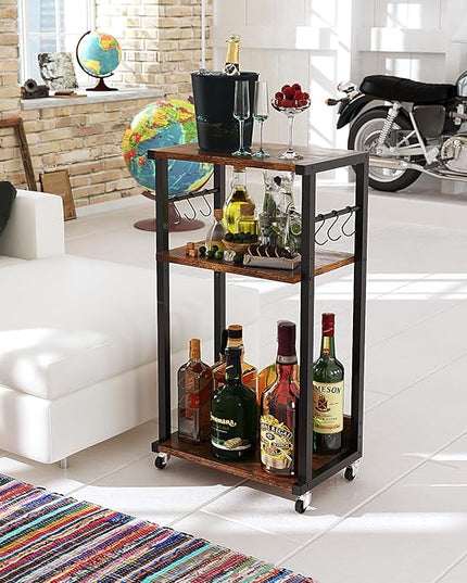 YMYNY Mobile Printer Stand, 3-Tier Printer Cart with Adjustable Storage Shelf and 6 S-Hooks, Tall Printer Table for Home Office, for Computer Tower Stand, Shredder, CPU Stand, Rustic Brown, UHPT002H