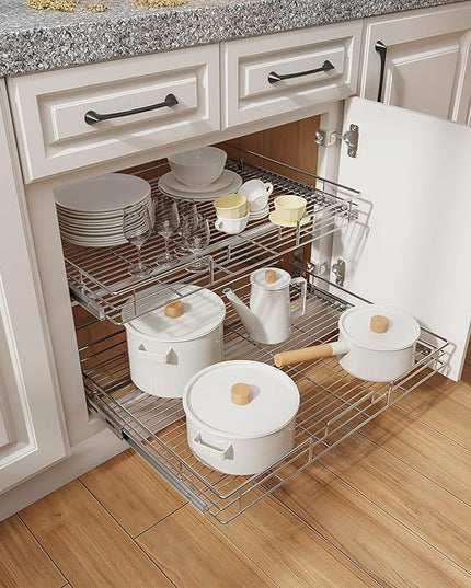 ROOMTEC Individual Pull Out Cabinet Organizer (30" W x 21½" D), 2 Tier Spice Rack Organizer for Cabinet, Slide Out Drawer Pantry Shelf Organization and Storage for Kitchen Bathroom