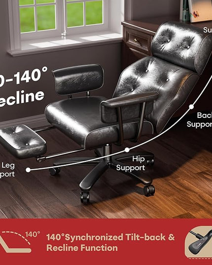 Criss Cross Chair with Wheels and Arms, Reclining Office Chair with Footrest and Wide Seat, Leather Big and Tall Desk Chair 400LBS, Button Tufted Vintage Design, Black