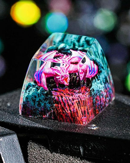 Pink Dragon with Volcano Cool Artisan Keycap R1 SA Profile Custom Fantasy Dragon Keycaps 1U ESC Handmade Gaming Resin Key Cap Cherry MX Switch Compatible Mechanical Keyboard Dragon Lover Gift