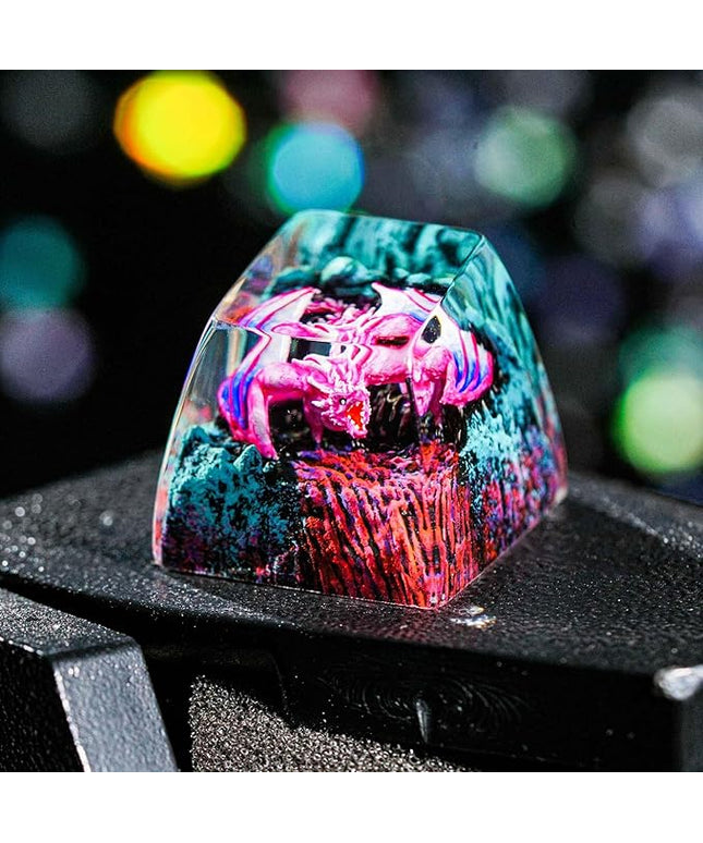 Pink Dragon with Volcano Cool Artisan Keycap R1 SA Profile Custom Fantasy Dragon Keycaps 1U ESC Handmade Gaming Resin Key Cap Cherry MX Switch Compatible Mechanical Keyboard Dragon Lover Gift