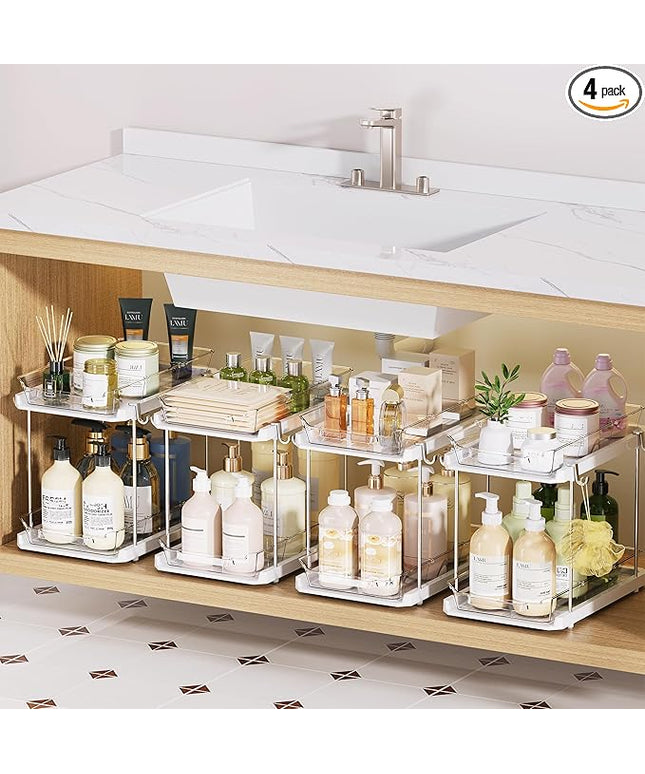 Delamu 2 Tier Bathroom Under Sink Organizers and Storage with Hook, Multi-Purpose Cabinet Drawers with Movable Dividers, Pull Out Organization for Countertop, Kitchen and Pantry(White, 4 Pack)