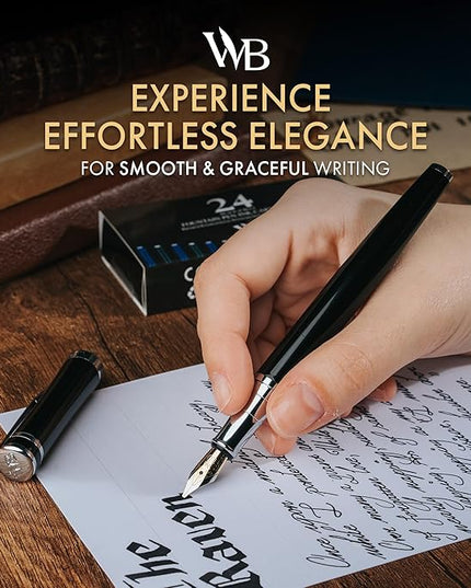 Wordsworth & Black Fountain Pen Set, Broad Nib, Includes 24 Pack Ink Cartridges, Ink Refill Converter & Gift Box, Chrome Finish, Calligraphy, [Black Chrome], Perfect for Men & Women