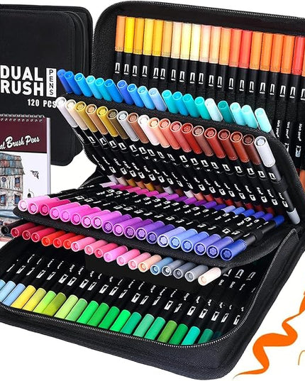 Dual Brush Markers Pens, 120 Colors Dual Tip(Fineliner & Brush) Art Markers, Artist Coloring Marker Set for Adult Coloring Books No Bleeding