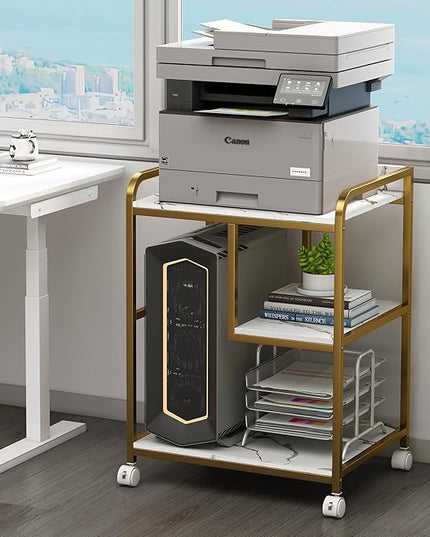 Large Printer Table Stand with Shelf for Computer Tower, CPU and Shredder, 22 x 18 Inch Rolling Printer Cart with Wheels for Home Office Storage and Organization - White Gold
