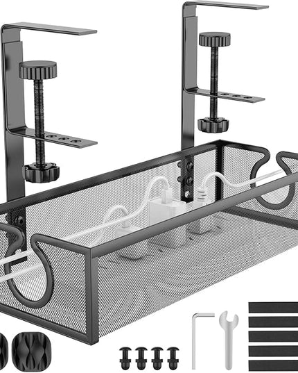 REFLYING Under Desk Cable Management Tray, Metal Long Arms (3.9in), No Drill Mesh Cable Tray, Wire Organizer, 1 Pack, Black