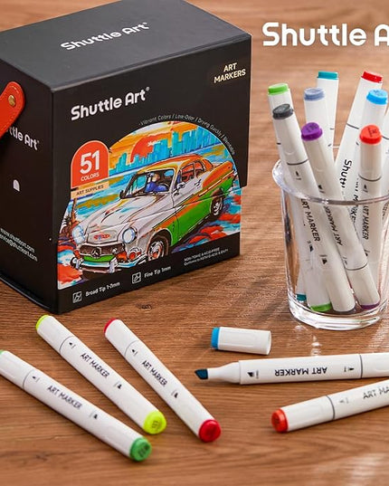 Shuttle Art 51 Colors Alcohol Markers, 50 Colors Dual Tip Art Marker Set Plus 1 Colorless Blender with Marker Case Perfect for Illustration Students Adult Coloring Sketching