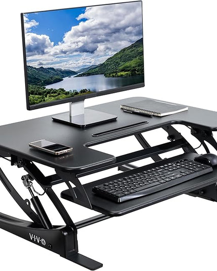 VIVO 32 inch Height Adjustable Stand Up Desk Converter, V Series, Quick Sit to Stand Tabletop Dual Monitor Riser Workstation, Black, DESK-V000VS