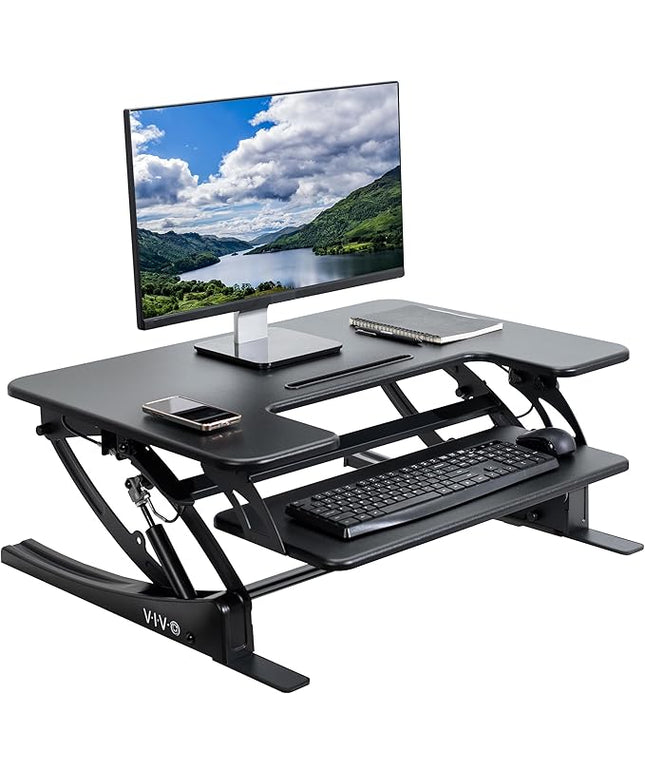 VIVO 32 inch Height Adjustable Stand Up Desk Converter, V Series, Quick Sit to Stand Tabletop Dual Monitor Riser Workstation, Black, DESK-V000VS