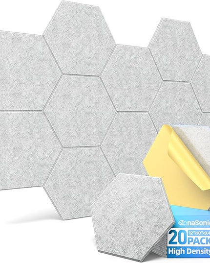 20 Pack Hexagon Acoustic Panels with Self-Adhesive, 12" X 10" X 0.4" Sound Proof Foam Panels for Walls, High Density Soundproof Wall Panels, Sound Dampening Panels for Home Studio Decor Office - Gray