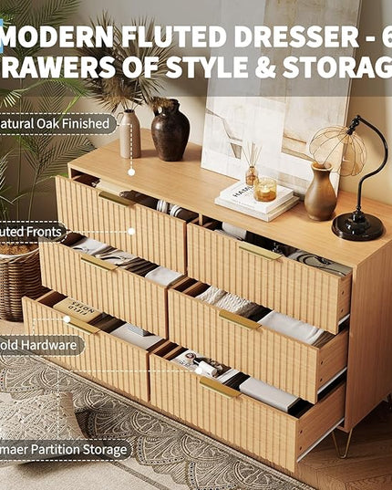 Garvee Fluted Dresser for Bedroom with 6 Drawers,47" Wide Modern Chest of Wooden Bedroom Chest with Metal Handle,Clothes Storage Organizer,Closet Dresser & TV Stand for Living Room,Hallway,6&Natural