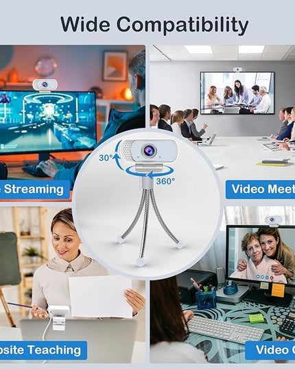 1080p White Webcam with Microphone, USB Web Camera 110-Degree View Angle Computer Camera,Webcam Tripod/Privacy Cover/USB C Adapter Include,Plug and Play Web Cam for Video Conferencing Streaming