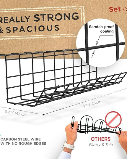 Under Desk Cable Tray, Cord Organizer for Wire, Cord Management, Under Desk, Wire Holders - Black Tray - Set of 4X 17